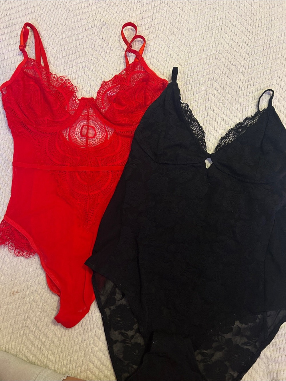 Red and Black Lace Bodysuit Duo